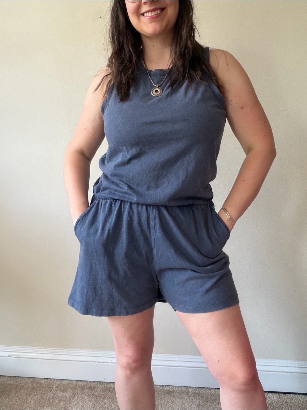 Z Supply Slate Blue Sleeveless Romper with Elastic Waist